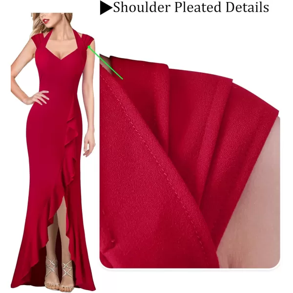 VFSHOW Womens V Halter Neck Celebrity Ruffle High Split Formal Evening Gown Wedding Prom Maxi DressRed