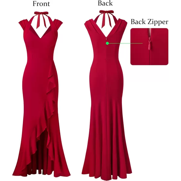 VFSHOW Womens V Halter Neck Celebrity Ruffle High Split Formal Evening Gown Wedding Prom Maxi DressRed