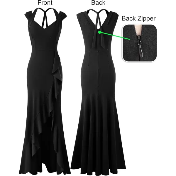 VFSHOW Womens V Halter Neck Celebrity Ruffle High Split Formal Evening Gown Wedding Prom Maxi DressSolid Black