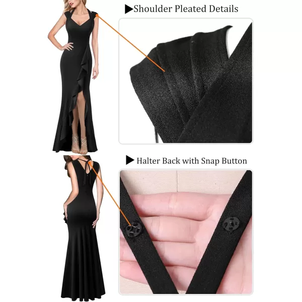 VFSHOW Womens V Halter Neck Celebrity Ruffle High Split Formal Evening Gown Wedding Prom Maxi DressSolid Black