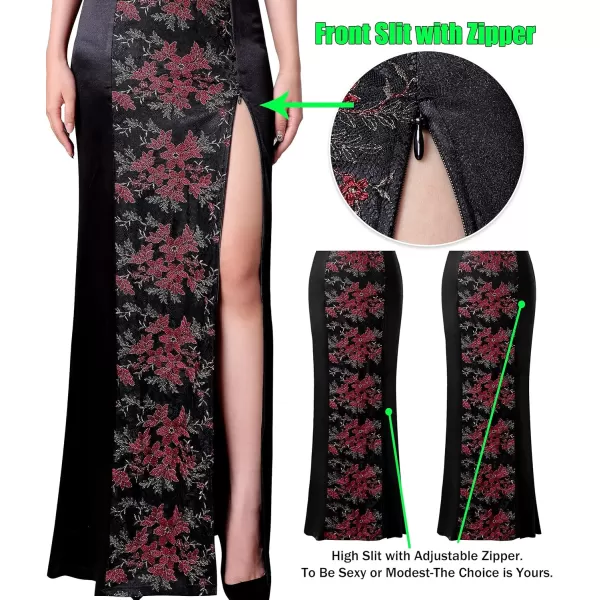 VFSHOW Womens V Halter Neck Zipper High Split Formal Evening Gown Wedding Prom Party Maxi DressBlack Floral Lace  Satin