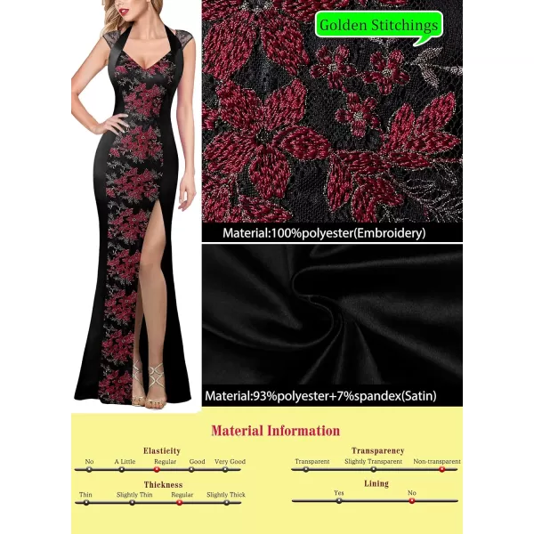 VFSHOW Womens V Halter Neck Zipper High Split Formal Evening Gown Wedding Prom Party Maxi DressBlack Floral Lace  Satin