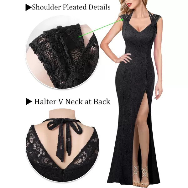 VFSHOW Womens V Halter Neck Zipper High Split Formal Evening Gown Wedding Prom Party Maxi DressBlack Floral Lace