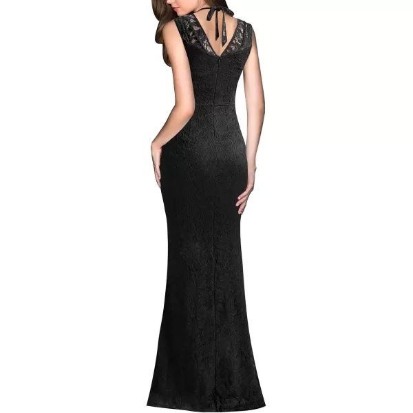 VFSHOW Womens V Halter Neck Zipper High Split Formal Evening Gown Wedding Prom Party Maxi DressBlack Floral Lace