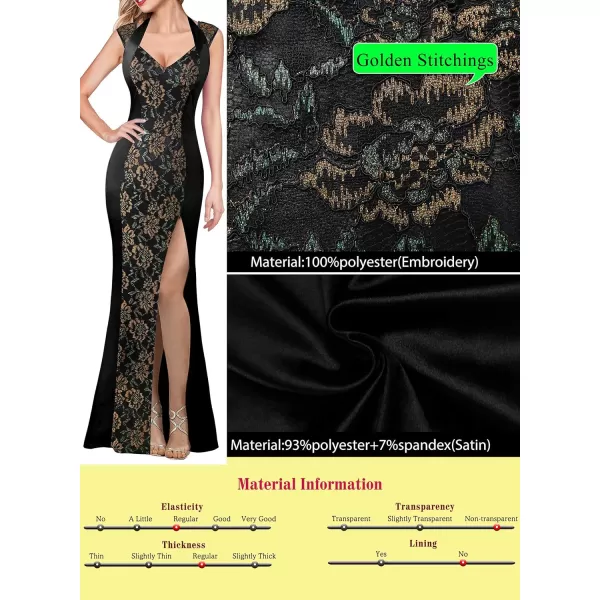 VFSHOW Womens V Halter Neck Zipper High Split Formal Evening Gown Wedding Prom Party Maxi DressBlack Satin  Orange Floral Lace