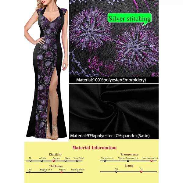 VFSHOW Womens V Halter Neck Zipper High Split Formal Evening Gown Wedding Prom Party Maxi DressBlack Satin  Purple Floral Embroidery