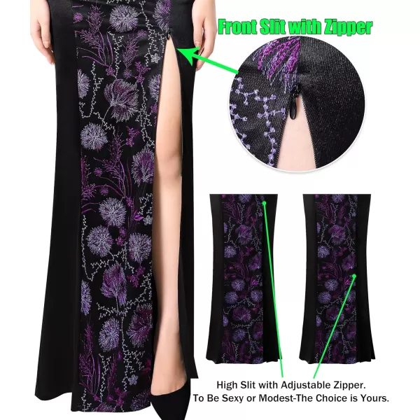 VFSHOW Womens V Halter Neck Zipper High Split Formal Evening Gown Wedding Prom Party Maxi DressBlack Satin  Purple Floral Embroidery