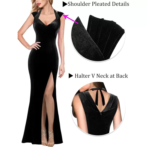 VFSHOW Womens V Halter Neck Zipper High Split Formal Evening Gown Wedding Prom Party Maxi DressBlack Velvet