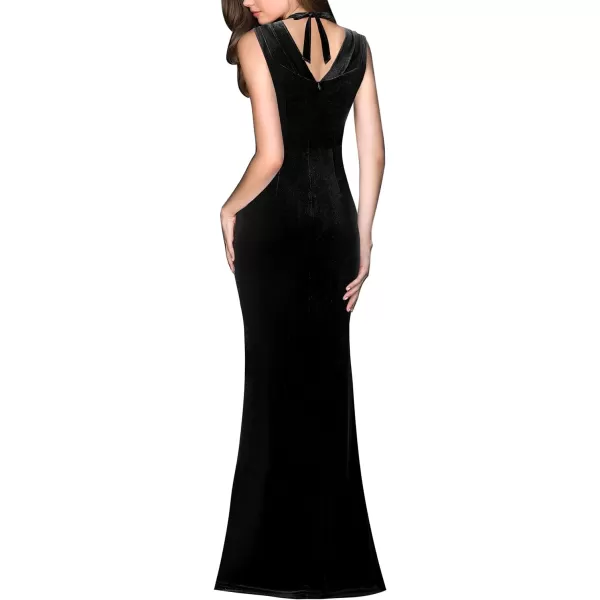 VFSHOW Womens V Halter Neck Zipper High Split Formal Evening Gown Wedding Prom Party Maxi DressBlack Velvet