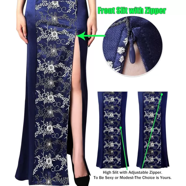 VFSHOW Womens V Halter Neck Zipper High Split Formal Evening Gown Wedding Prom Party Maxi DressBlue Floral Embroidery  Satin