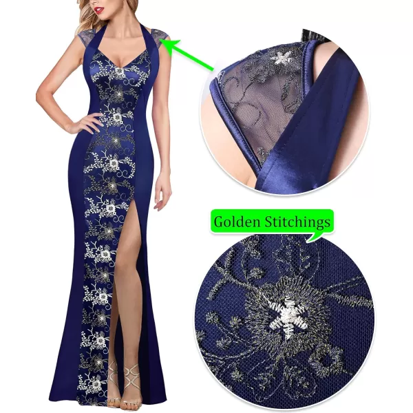 VFSHOW Womens V Halter Neck Zipper High Split Formal Evening Gown Wedding Prom Party Maxi DressBlue Floral Embroidery  Satin