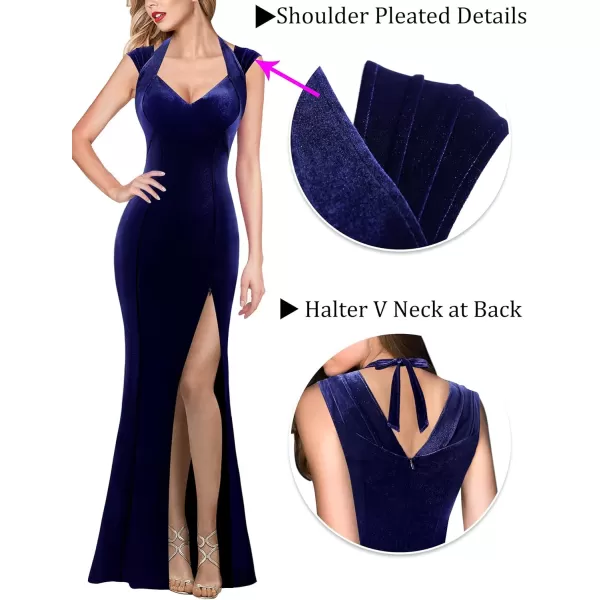 VFSHOW Womens V Halter Neck Zipper High Split Formal Evening Gown Wedding Prom Party Maxi DressBlue Velvet