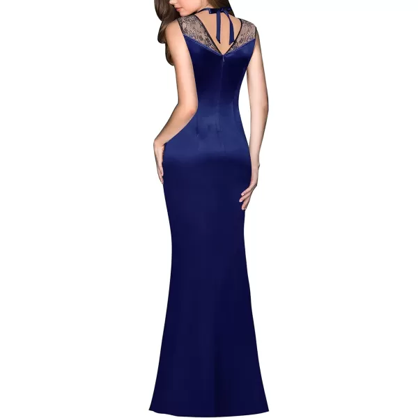 VFSHOW Womens V Halter Neck Zipper High Split Formal Evening Gown Wedding Prom Party Maxi DressDark Blue Satin  Floral Lace