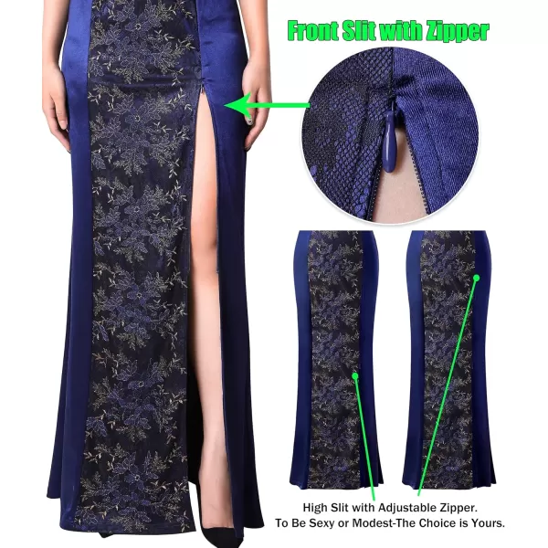 VFSHOW Womens V Halter Neck Zipper High Split Formal Evening Gown Wedding Prom Party Maxi DressDark Blue Satin  Floral Lace