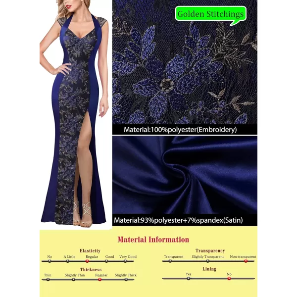 VFSHOW Womens V Halter Neck Zipper High Split Formal Evening Gown Wedding Prom Party Maxi DressDark Blue Satin  Floral Lace