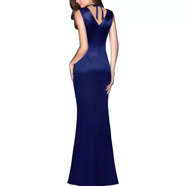 VFSHOW Womens V Halter Neck Zipper High Split Formal Evening Gown Wedding Prom Party Maxi DressDark Blue Satin