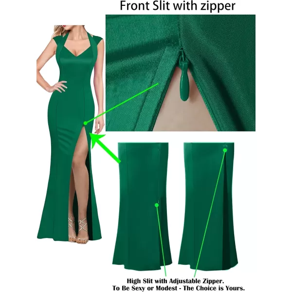 VFSHOW Womens V Halter Neck Zipper High Split Formal Evening Gown Wedding Prom Party Maxi DressEmerald Satin