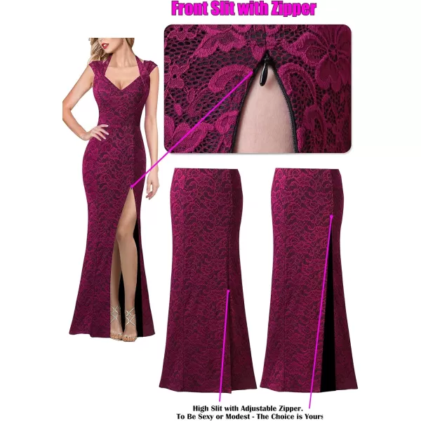 VFSHOW Womens V Halter Neck Zipper High Split Formal Evening Gown Wedding Prom Party Maxi DressFuchsia Floral Lace