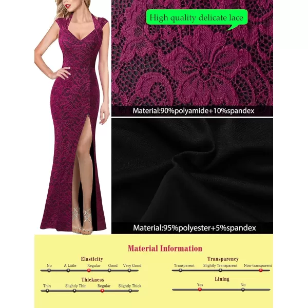 VFSHOW Womens V Halter Neck Zipper High Split Formal Evening Gown Wedding Prom Party Maxi DressFuchsia Floral Lace