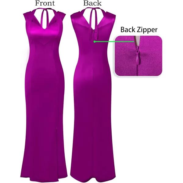 VFSHOW Womens V Halter Neck Zipper High Split Formal Evening Gown Wedding Prom Party Maxi DressFuchsia Satin