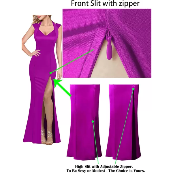 VFSHOW Womens V Halter Neck Zipper High Split Formal Evening Gown Wedding Prom Party Maxi DressFuchsia Satin