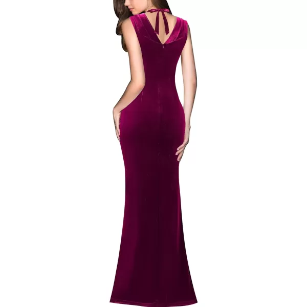 VFSHOW Womens V Halter Neck Zipper High Split Formal Evening Gown Wedding Prom Party Maxi DressFuchsia Velvet