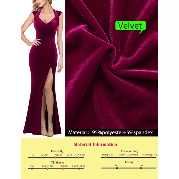 VFSHOW Womens V Halter Neck Zipper High Split Formal Evening Gown Wedding Prom Party Maxi DressFuchsia Velvet