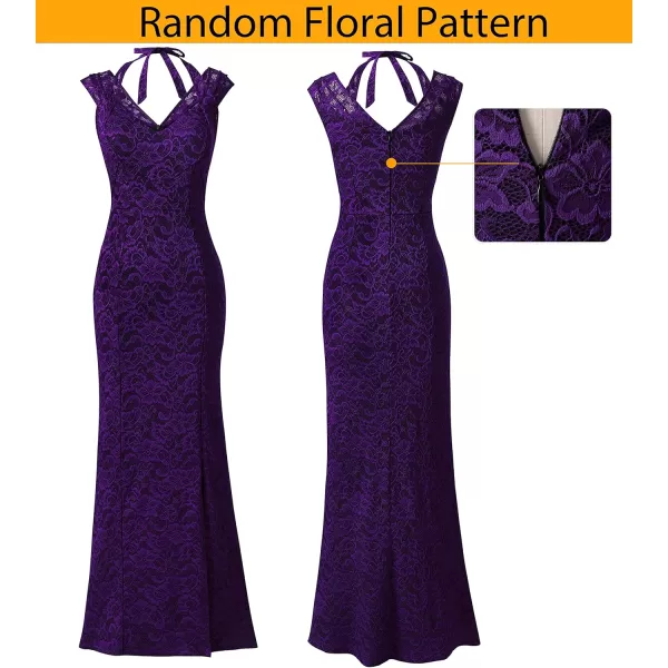 VFSHOW Womens V Halter Neck Zipper High Split Formal Evening Gown Wedding Prom Party Maxi DressPurple Floral Lace