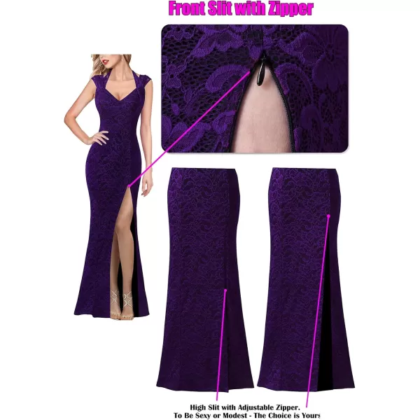 VFSHOW Womens V Halter Neck Zipper High Split Formal Evening Gown Wedding Prom Party Maxi DressPurple Floral Lace