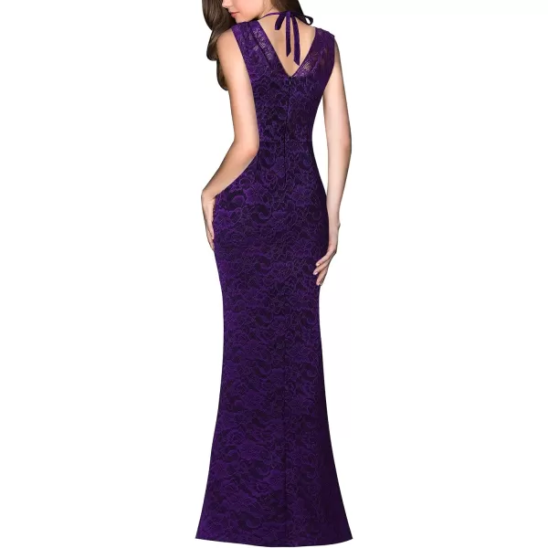 VFSHOW Womens V Halter Neck Zipper High Split Formal Evening Gown Wedding Prom Party Maxi DressPurple Floral Lace