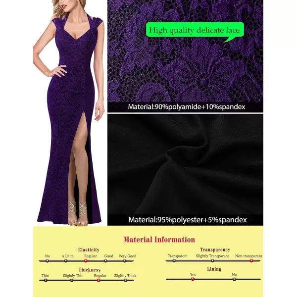 VFSHOW Womens V Halter Neck Zipper High Split Formal Evening Gown Wedding Prom Party Maxi DressPurple Floral Lace