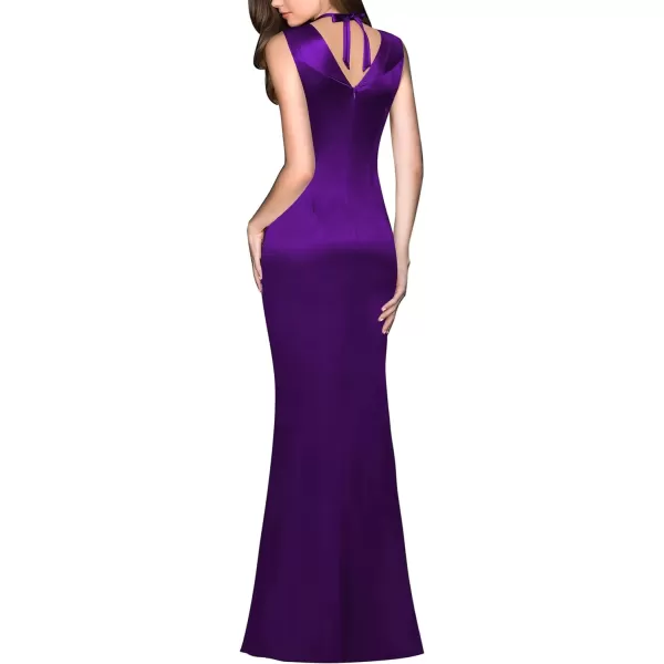 VFSHOW Womens V Halter Neck Zipper High Split Formal Evening Gown Wedding Prom Party Maxi DressPurple Satin