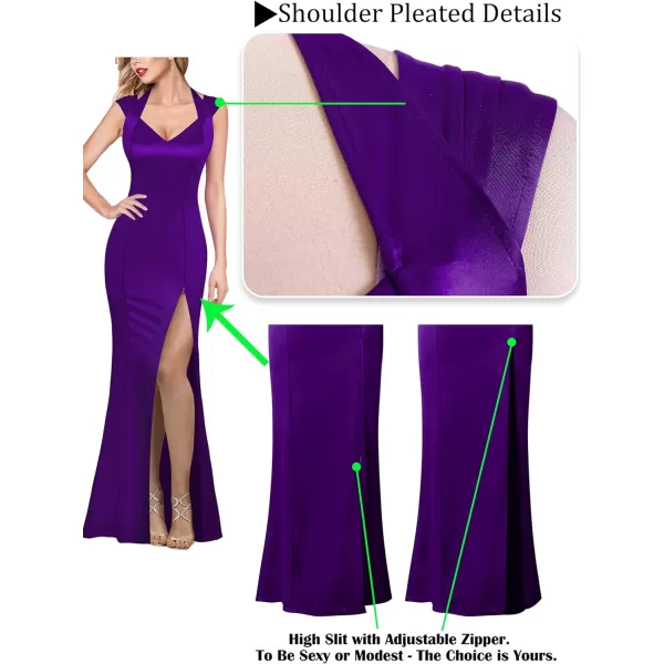 VFSHOW Womens V Halter Neck Zipper High Split Formal Evening Gown Wedding Prom Party Maxi DressPurple Satin