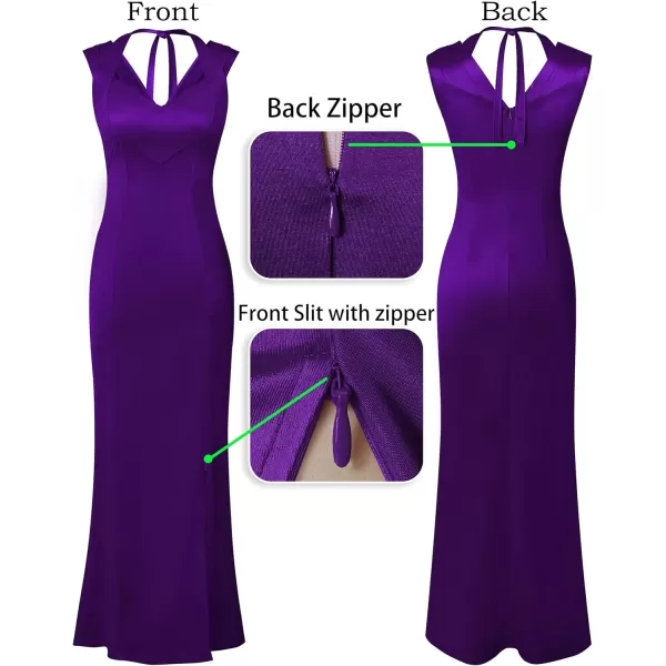 VFSHOW Womens V Halter Neck Zipper High Split Formal Evening Gown Wedding Prom Party Maxi DressPurple Satin