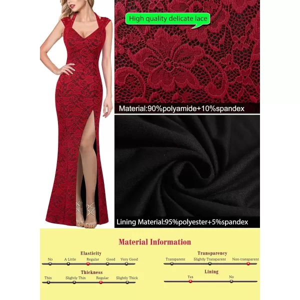 VFSHOW Womens V Halter Neck Zipper High Split Formal Evening Gown Wedding Prom Party Maxi DressRed Floral Lace