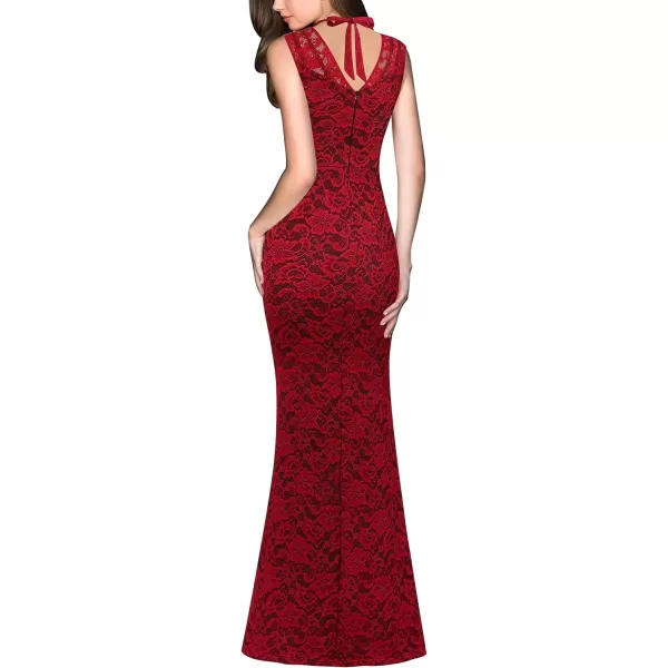 VFSHOW Womens V Halter Neck Zipper High Split Formal Evening Gown Wedding Prom Party Maxi DressRed Floral Lace