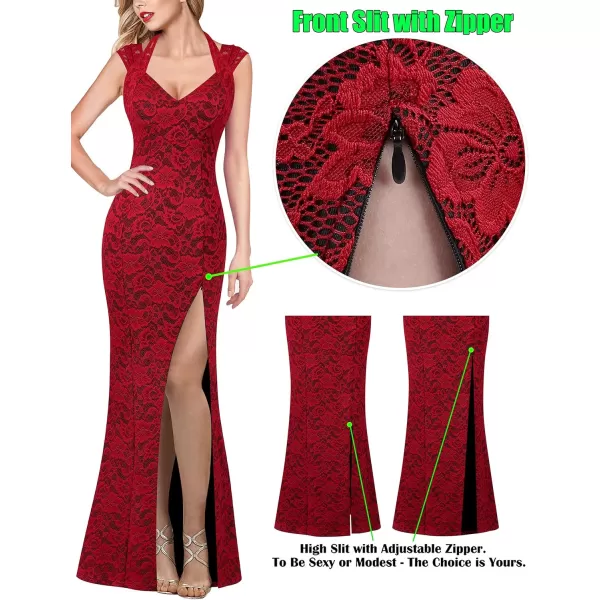 VFSHOW Womens V Halter Neck Zipper High Split Formal Evening Gown Wedding Prom Party Maxi DressRed Floral Lace