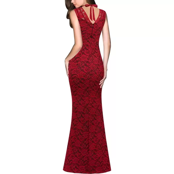 VFSHOW Womens V Halter Neck Zipper High Split Formal Evening Gown Wedding Prom Party Maxi DressRed Floral Lace9767