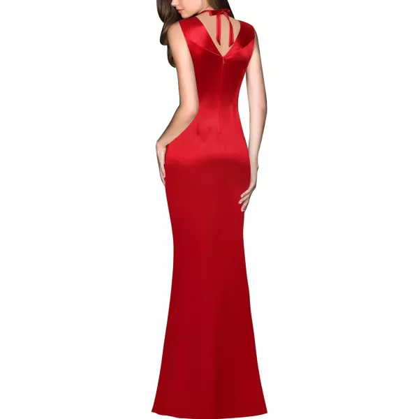 VFSHOW Womens V Halter Neck Zipper High Split Formal Evening Gown Wedding Prom Party Maxi DressRed Satin