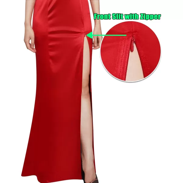 VFSHOW Womens V Halter Neck Zipper High Split Formal Evening Gown Wedding Prom Party Maxi DressRed Satin