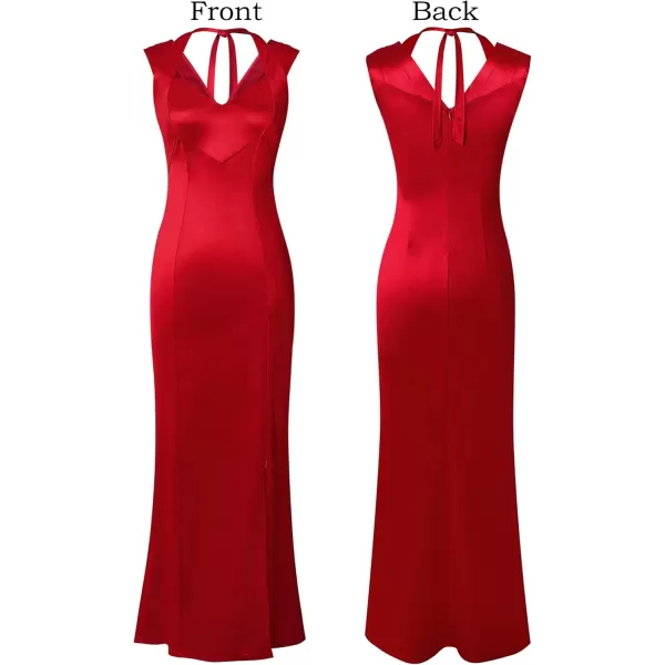 VFSHOW Womens V Halter Neck Zipper High Split Formal Evening Gown Wedding Prom Party Maxi DressRed Satin