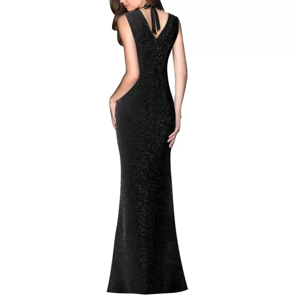 VFSHOW Womens V Halter Neck Zipper High Split Formal Evening Gown Wedding Prom Party Maxi DressShiny Black