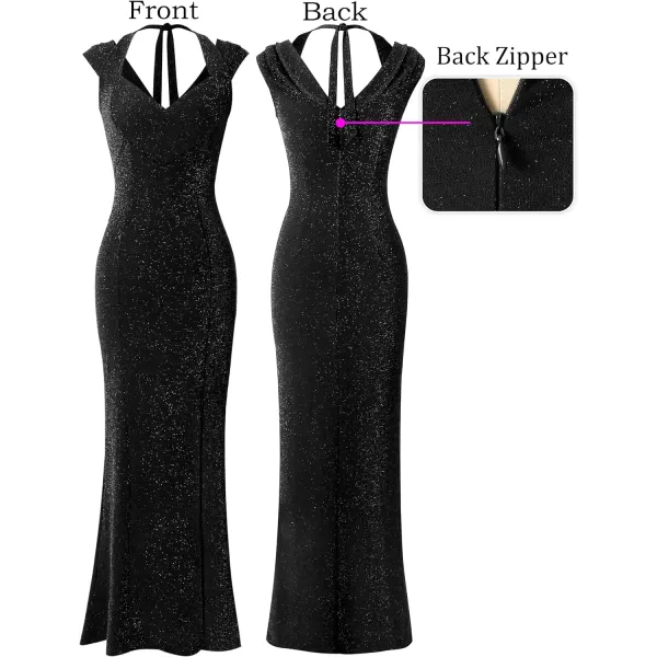 VFSHOW Womens V Halter Neck Zipper High Split Formal Evening Gown Wedding Prom Party Maxi DressShiny Black