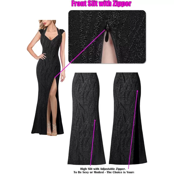 VFSHOW Womens V Halter Neck Zipper High Split Formal Evening Gown Wedding Prom Party Maxi DressShiny Black2