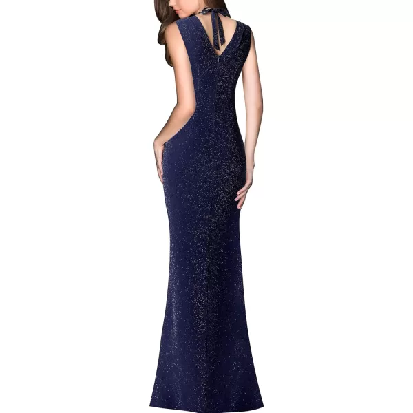 VFSHOW Womens V Halter Neck Zipper High Split Formal Evening Gown Wedding Prom Party Maxi DressShiny Dark Blue