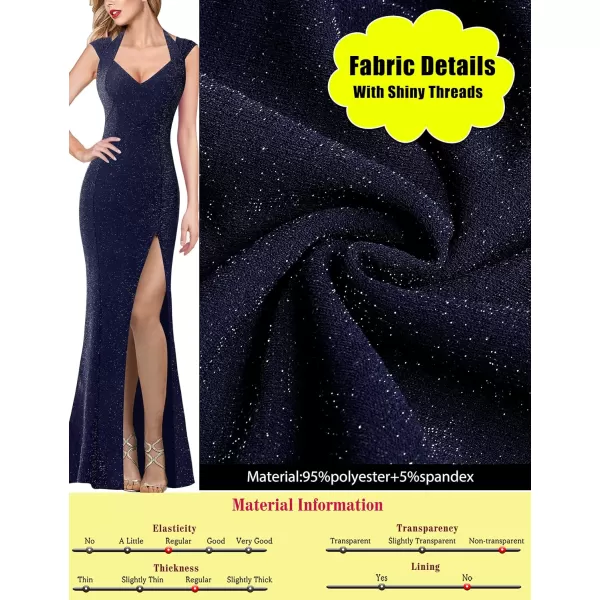 VFSHOW Womens V Halter Neck Zipper High Split Formal Evening Gown Wedding Prom Party Maxi DressShiny Dark Blue