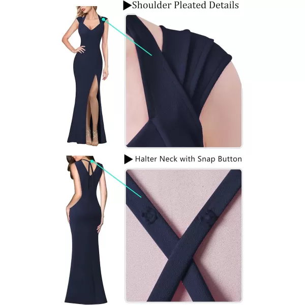 VFSHOW Womens V Halter Neck Zipper High Split Formal Evening Gown Wedding Prom Party Maxi DressSolid Dark Blue