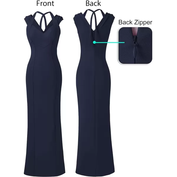 VFSHOW Womens V Halter Neck Zipper High Split Formal Evening Gown Wedding Prom Party Maxi DressSolid Dark Blue