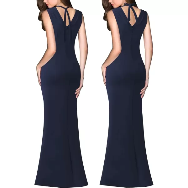 VFSHOW Womens V Halter Neck Zipper High Split Formal Evening Gown Wedding Prom Party Maxi DressSolid Dark Blue