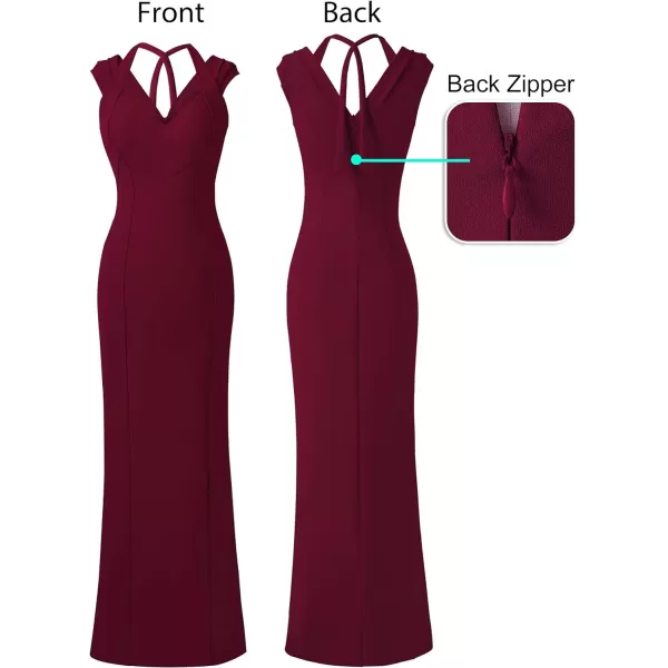 VFSHOW Womens V Halter Neck Zipper High Split Formal Evening Gown Wedding Prom Party Maxi DressSolid Dark Red